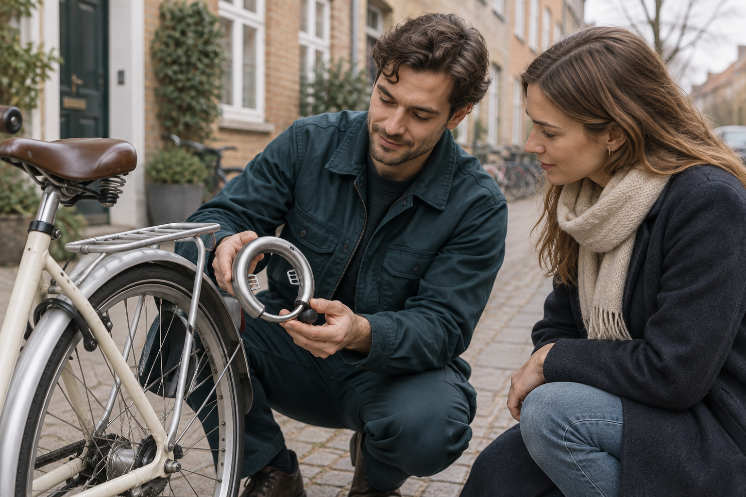 Illustrative scene of a team member helping a rider with a replacement LAAS lock beside their bicycle